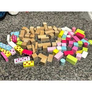Hamleys Wooden Building Blocks Mixed Set Hearts Natural Pink Yellow Blue Toys